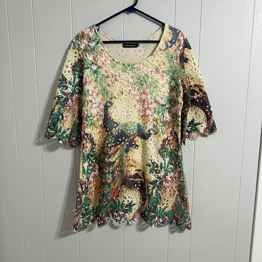 Atmosphere Women's Lace‎ Peacock Floral Print Bell Sleeve Dress L
